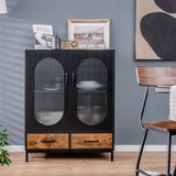 NNECW Industrial Floor Buffet Sideboard with Tempered Glass Doors & 2 Drawers