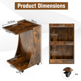 NNECW C-shaped Mobile Side Table with 2-Tier Open Shelf &amp 2 Compartments-Brown