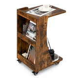 NNECW C-shaped Mobile Side Table with 2-Tier Open Shelf &amp 2 Compartments-Brown