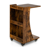 NNECW C-shaped Mobile Side Table with 2-Tier Open Shelf &amp 2 Compartments-Brown