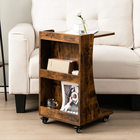 NNECW C-shaped Mobile Side Table with 2-Tier Open Shelf & 2 Compartments-Brown