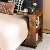 NNECW C-shaped Mobile Side Table with 2-Tier Open Shelf &amp 2 Compartments-Brown