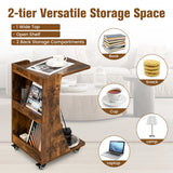 NNECW C-shaped Mobile Side Table with 2-Tier Open Shelf &amp 2 Compartments-Brown