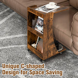 NNECW C-shaped Mobile Side Table with 2-Tier Open Shelf &amp 2 Compartments-Brown