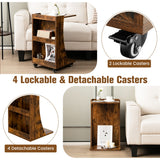 NNECW C-shaped Mobile Side Table with 2-Tier Open Shelf &amp 2 Compartments-Brown