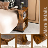 NNECW C-shaped Mobile Side Table with 2-Tier Open Shelf &amp 2 Compartments-Brown