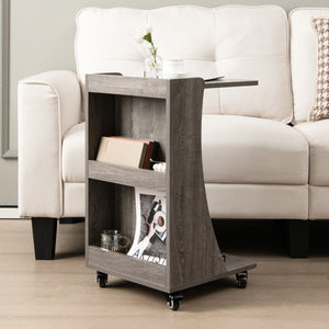 NNECW C-shaped Mobile Side Table with 2-Tier Open Shelf &amp 2 Compartments-Grey