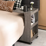 NNECW C-shaped Mobile Side Table with 2-Tier Open Shelf &amp 2 Compartments-Grey