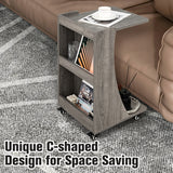 NNECW C-shaped Mobile Side Table with 2-Tier Open Shelf &amp 2 Compartments-Grey