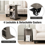 NNECW C-shaped Mobile Side Table with 2-Tier Open Shelf &amp 2 Compartments-Grey