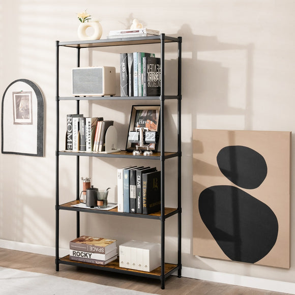 NNECW 5-Tier Tall Bookshelf with Rustic Wood Grain & Heavy-duty Metal Frame for Home Office