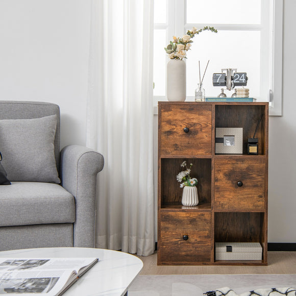 NNECW 3-Tier Bookshelf with 3 Cubes & 3 Drawers for Office-Coffee