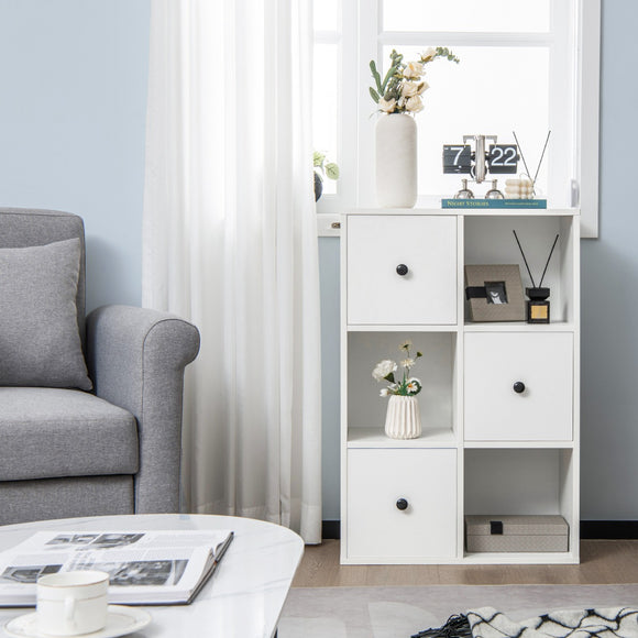 NNECW 3-Tier Bookshelf with 3 Cubes & 3 Drawers for Office-White