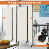 NNECW 1.73m 4-Panel Folding Room Divider with Lockable Wheels-White