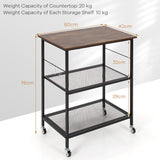 NNECW 3 Tier Kitchen Serving Rolling Carts with 2 Mesh Shelves & 5 Hanging Hooks