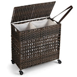 NNECW 110L Rolling Synthetic Rattan Laundry Hamper with Lid & 2 Removable Liner Bags