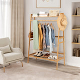 NNECW Freestanding Bamboo Clothing Rack with Top Shelf & Shoe Rack