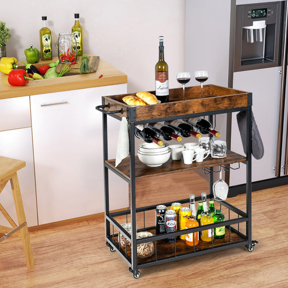 NNECW Kitchen Cart with Removable Top Tray & Wine Rack & Glass Holder