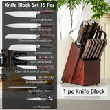 NNECW 15 Pieces Kitchen Knife Set with Hard Wood Handle
