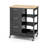 NNECW Kitchen Island with Rubber Wood Countertop &amp Lockable Casters-Black