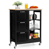 NNECW Kitchen Island with Rubber Wood Countertop &amp Lockable Casters-Black