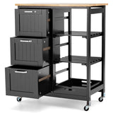 NNECW Kitchen Island with Rubber Wood Countertop &amp Lockable Casters-Black
