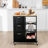 NNECW Kitchen Island with Rubber Wood Countertop &amp Lockable Casters-Black