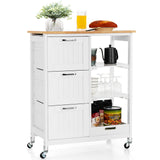 NNECW Kitchen Island with Rubber Wood Countertop &amp Lockable Casters-White