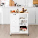 NNECW Kitchen Island with Rubber Wood Countertop &amp Lockable Casters-White