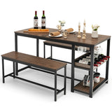 NNECW 4-Person 3 Pieces Dining Table Set with 2 Benches & Wine Rack