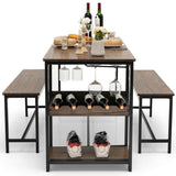 NNECW 4-Person 3 Pieces Dining Table Set with 2 Benches & Wine Rack