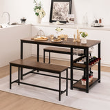 NNECW 4-Person 3 Pieces Dining Table Set with 2 Benches & Wine Rack