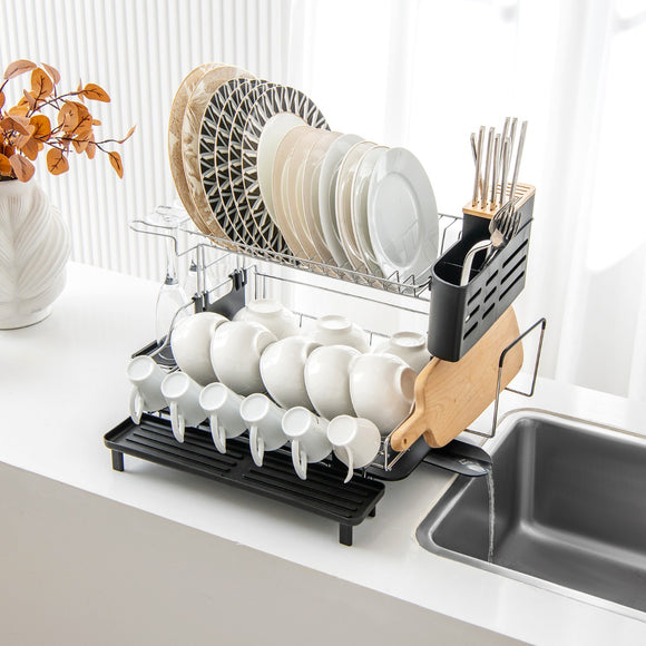 NNECW 2-Tier Detachable Dish Drying Rack with Cutlery Holder & 360 Swiveling Spout