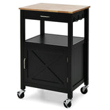 NNECW Rolling Kitchen Island with Rubber Wood Top with Side Hooks for Kitchen-Black
