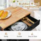 NNECW Rolling Kitchen Island with Rubber Wood Top with Side Hooks for Kitchen-Black