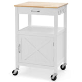 NNECW Rolling Kitchen Island with Rubber Wood Top with Side Hooks for Kitchen-White