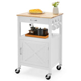 NNECW Rolling Kitchen Island with Rubber Wood Top with Side Hooks for Kitchen-White