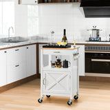 NNECW Rolling Kitchen Island with Rubber Wood Top with Side Hooks for Kitchen-White