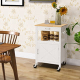NNECW Rolling Kitchen Island with Rubber Wood Top with Side Hooks for Kitchen-White