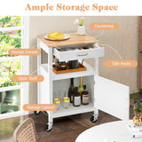 NNECW Rolling Kitchen Island with Rubber Wood Top with Side Hooks for Kitchen-White