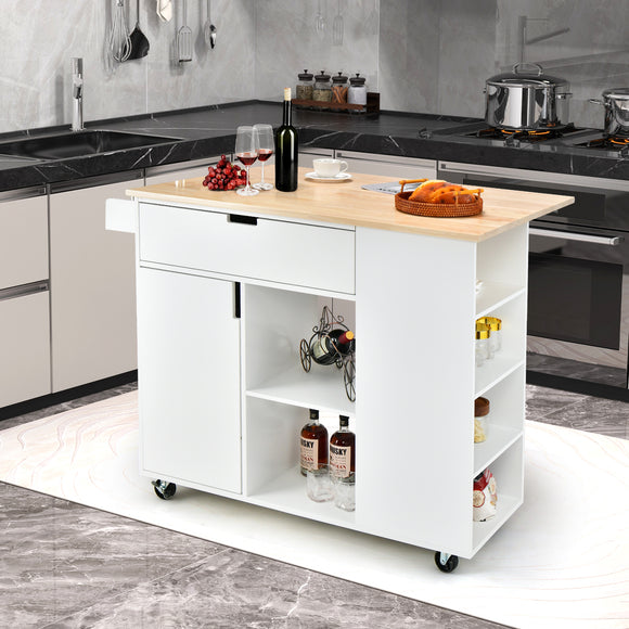NNECW Drop-Leaf Rolling Kitchen Island with Rubber Wood Top & Drawer-White