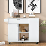 NNECW Drop-Leaf Rolling Kitchen Island with Rubber Wood Top &amp Drawer-White
