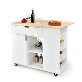 NNECW Drop-Leaf Rolling Kitchen Island with Rubber Wood Top &amp Drawer-White