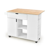 NNECW Drop-Leaf Rolling Kitchen Island with Rubber Wood Top &amp Drawer-White