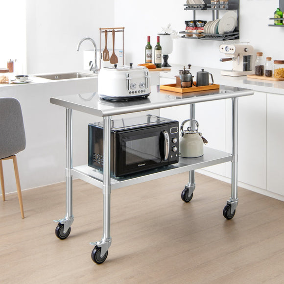 NNECW 122 x 61 cm Stainless Steel Table Cart with 4 Universal Wheels for Kitchen
