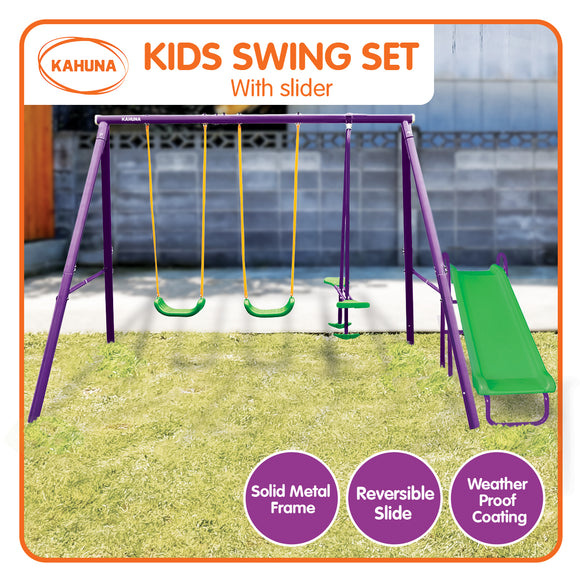 NNEDPE Kahuna Kids 4-Seater Swing Set with Slide Purple Green
