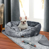 NNEIDS Pet Bed Set Dog Cat Quilted Blanket Squeaky Toy Calming Warm Soft Nest Grey M