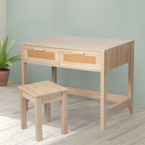 NNEIDS Table Set Rattan Wood Dressing Table Bedroom Desk Stool Home Office Desks