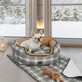 NNEIDS  Pet Bed Set Dog Cat Quilted Blanket Squeaky Toy Calming Warm Soft Nest Checkered M