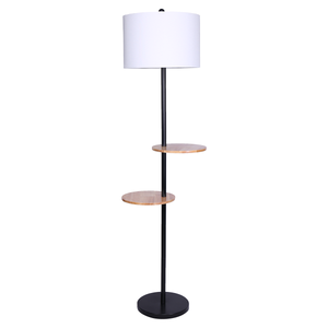 NNEDPE Sarantino Metal Floor Lamp Shade with Black Post in Round Wood Shelves